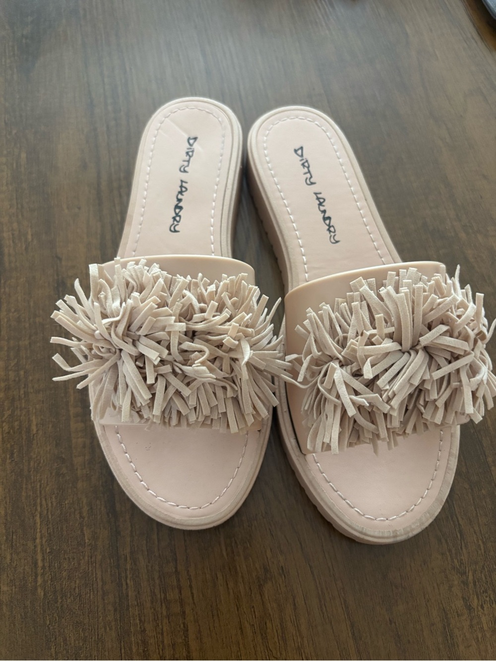 Cream Fringe Slide Sandals by Dirty Laundry